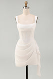 Robe bodycon mini ivoire bustier col carré froncée à volants