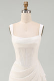 Robe bodycon mini ivoire bustier col carré froncée à volants