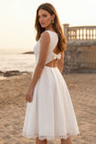 Robe de fiançailles Midi à col bateau ivoire avec des appliques