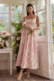 Robe d'invitée de mariage midi blush jacquard col carré dos dentelle
