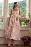 Robe d'invitée de mariage midi blush jacquard col carré dos dentelle