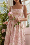 Robe d'invitée de mariage midi blush jacquard col carré dos dentelle