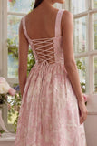 Robe d'invitée de mariage midi blush jacquard col carré dos dentelle