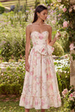 Robe midi sans bretelles à motif fleur blanche rose avec nœud papillon