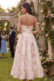 Robe midi sans bretelles à motif fleur blanche rose avec nœud papillon