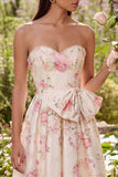 Robe midi sans bretelles à motif fleur blanche rose avec nœud papillon