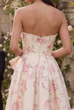 Robe midi sans bretelles à motif fleur blanche rose avec nœud papillon