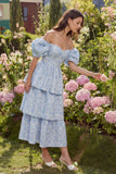 Robe midi à étages jacquard bleue décollée sur l’épaule