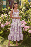 Robe Midi A-Line Corset à Fleurs Jacquard Violet