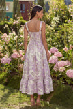 Robe Midi A-Line Corset à Fleurs Jacquard Violet