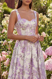 Robe Midi A-Line Corset à Fleurs Jacquard Violet