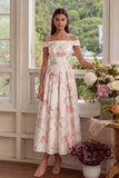 Robe d'invitée de mariage midi rose et blanc ligne A épaule dénudée
