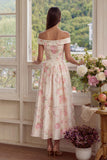 Robe d'invitée de mariage midi rose et blanc ligne A épaule dénudée