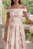 Robe d'invitée de mariage midi rose et blanc ligne A épaule dénudée