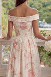Robe d'invitée de mariage midi rose et blanc ligne A épaule dénudée