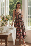Robe Midi A-Line à col carré fleur rose noire