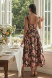 Robe Midi A-Line à col carré fleur rose noire