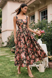 Robe Midi A-Line à col carré fleur rose noire