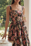 Robe Midi A-Line à col carré fleur rose noire