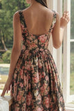 Robe Midi A-Line à col carré fleur rose noire