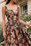 Robe Midi A-Line à col carré fleur rose noire