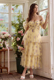 Robe midi en tule à traînes en fleurs jaunes à épaules décollées