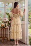 Robe midi en tule à traînes en fleurs jaunes à épaules décollées