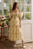 Robe midi en tule à traînes en fleurs jaunes à épaules décollées