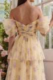 Robe midi en tule à traînes en fleurs jaunes à épaules décollées