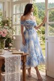 Corset fleur blanc bleu en tulle ligne A décollée à épaule