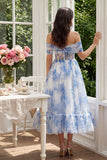 Corset fleur blanc bleu en tulle ligne A décollée à épaule