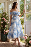 Corset fleur blanc bleu en tulle ligne A décollée à épaule