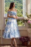 Corset fleur blanc bleu en tulle ligne A décollée à épaule