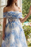 Corset fleur blanc bleu en tulle ligne A décollée à épaule