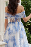 Corset fleur blanc bleu en tulle ligne A décollée à épaule