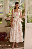 Robe midi à col carré à fleurs blanches roses avec nœud papillon