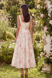 Robe midi à col carré à fleurs blanches roses avec nœud papillon