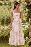 Robe midi à col carré à fleurs blanches roses avec nœud papillon