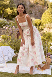 Robe midi à col carré à fleurs blanches roses avec nœud papillon