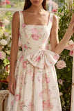 Robe midi à col carré à fleurs blanches roses avec nœud papillon
