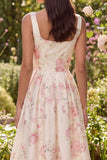 Robe midi à col carré à fleurs blanches roses avec nœud papillon
