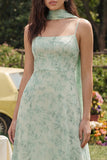 Robe Midi à bretelles fines en mousseline à motif de sauge poussiéreuse