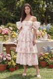Robe midi midi rose blanche fleur blanche à étages décollée et épaule décollée