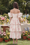 Robe midi midi rose blanche fleur blanche à étages décollée et épaule décollée