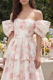 Robe midi midi rose blanche fleur blanche à étages décollée et épaule décollée