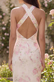 Robe Midi à fourreau rose rose blanche en forme de fleurs à dos nus