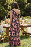 Robe midi en satin noir rose rose à une épaule