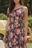 Robe midi en satin noir rose rose à une épaule