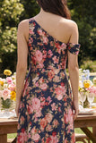 Robe midi en satin noir rose rose à une épaule