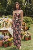 Robe midi en satin sans bretelles à fleur rose noire